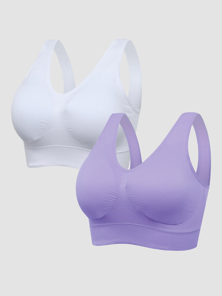 

2Pcs Plus Size Solid Wireless Removable Padded Elastic Breathable T-Shirt Bras, Nude + pink;nude + blue
