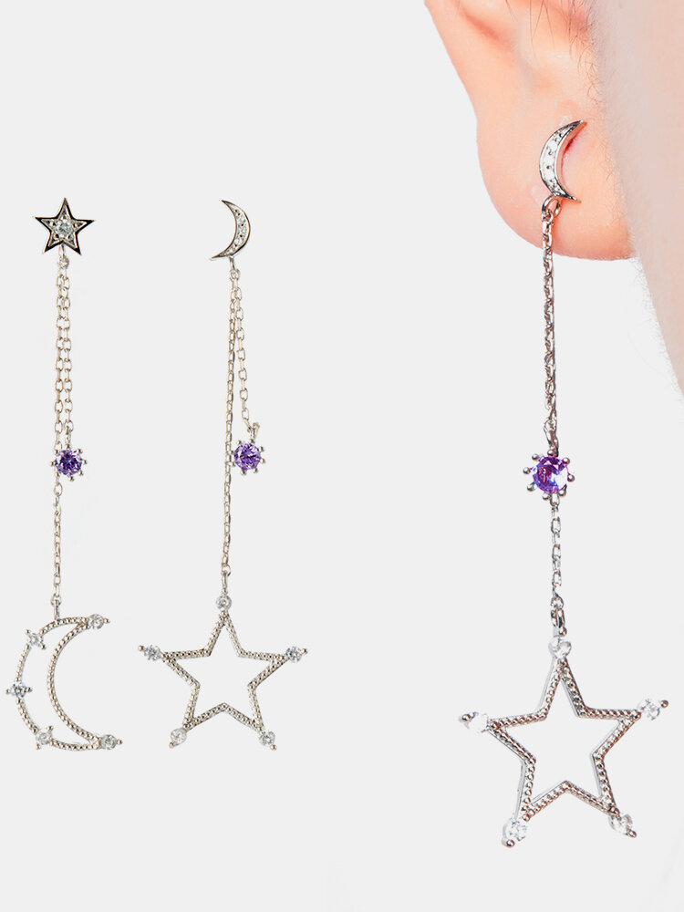 Sweet Ear Drop Hollow Stars Moons Geometric Round Zircon Tassels Earrings Jewelry for Women