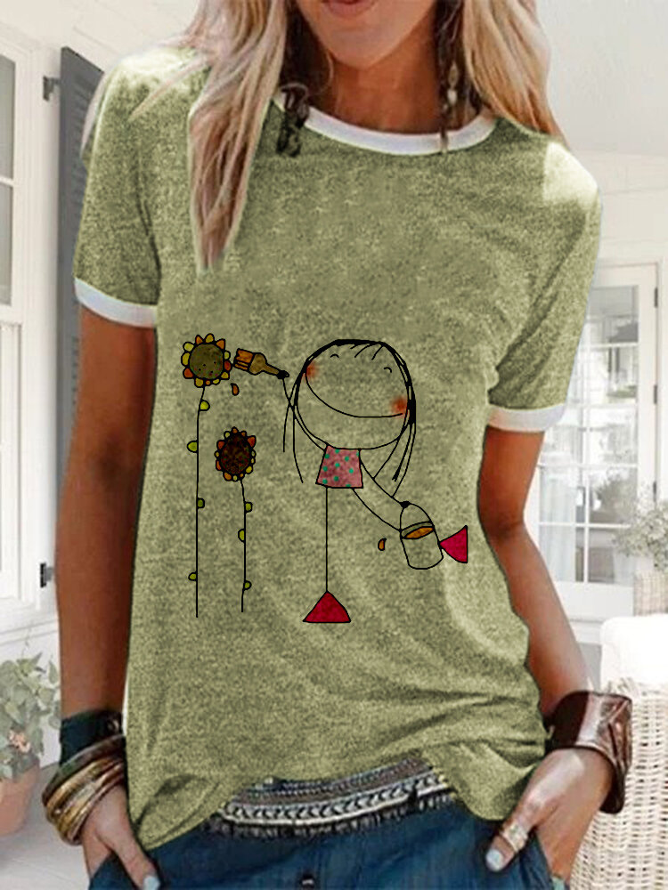 T-shirt casual a manica corta stampata fiore ragazza cartone animato