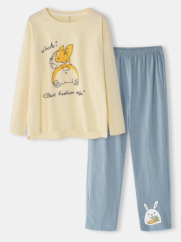 Women Cute Rabbit Letter Print O-Neck Cotton High Low Split Pajamas Set