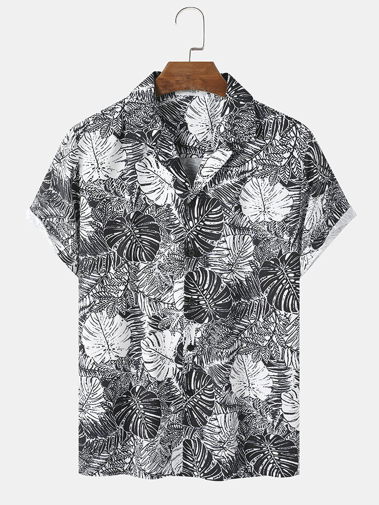 Mens Monochrome Tropical Leaf Print Revere Collar Short Sleeve Shirts