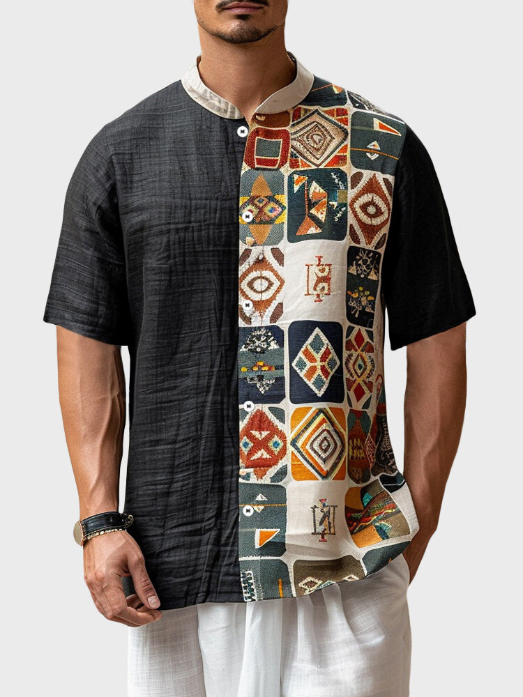 

Mens Ethnic Geometric Graphics Patchwork Short Sleeve Shirts, Black