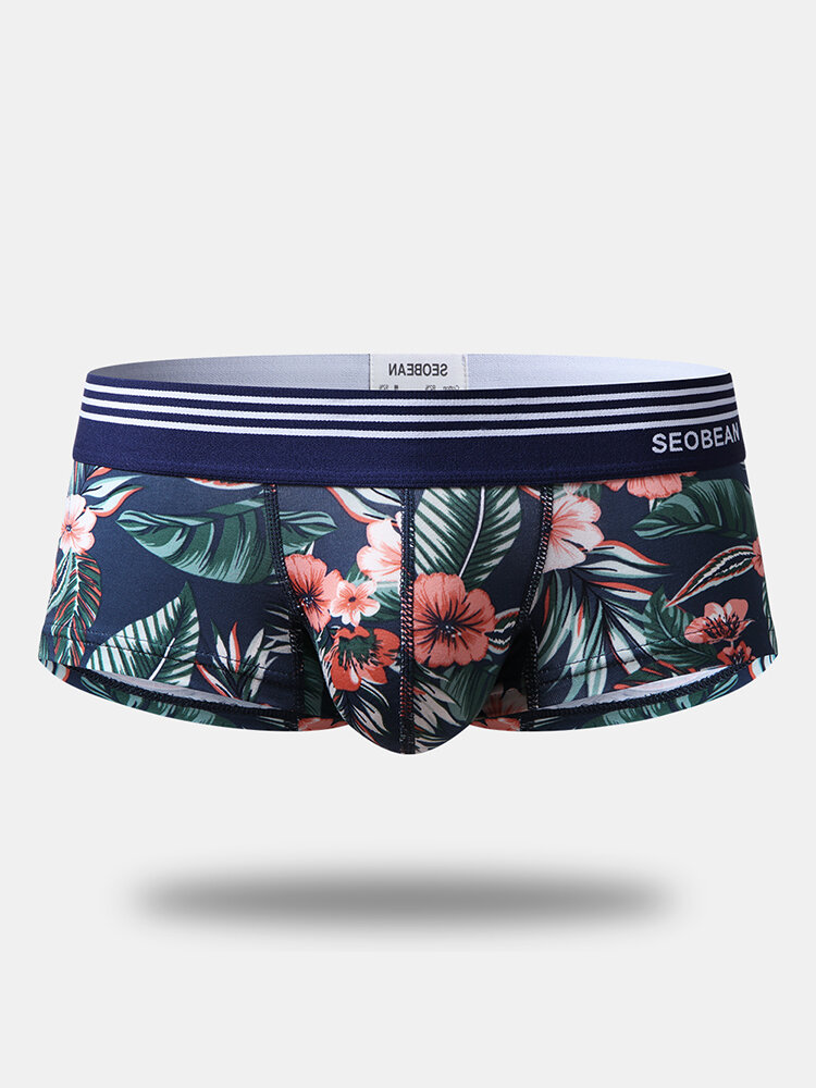 Mens Floral Print Sexy Boxer Briefs Striped Waistband Cotton Breathable Underwear With Pouch