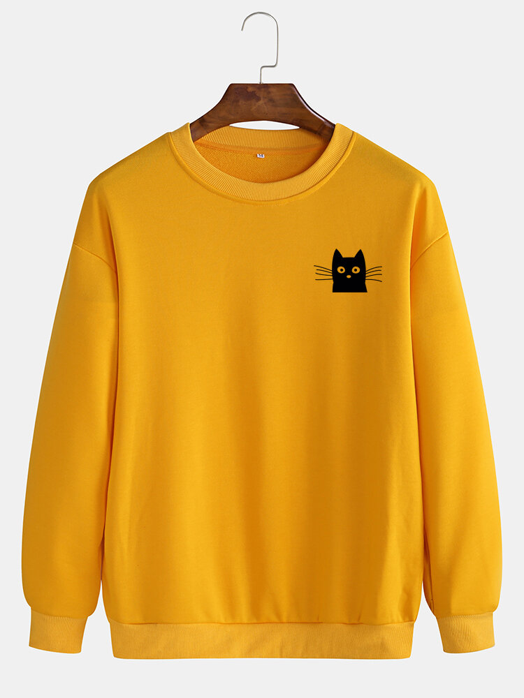 Mens Cute Black Cat Solid Color Simple Casual Pullover Sweatshirts