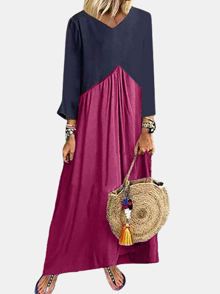 Contrast Color Patchwork Long Sleeve Maxi Dress For Women