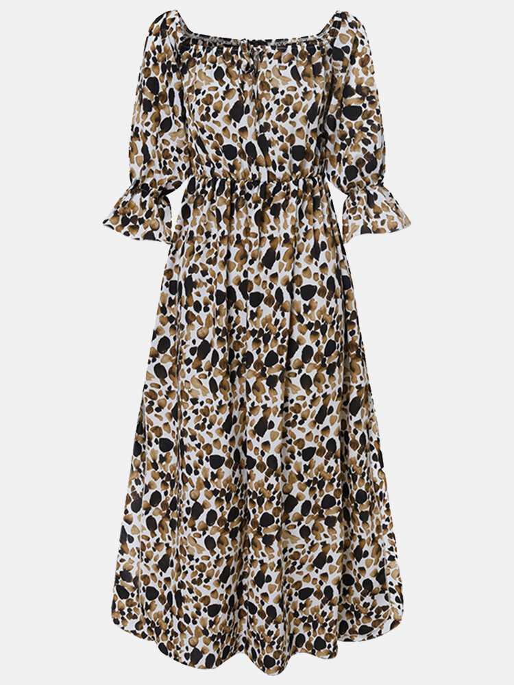 

Leopard Knotted Slit Hem Long Sleeve Print Dress For Women, Coffee