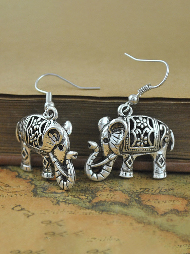 Vintage Hollow Carved Earrings Double-Sided Elephant Rabbit Women Pendant Earrings