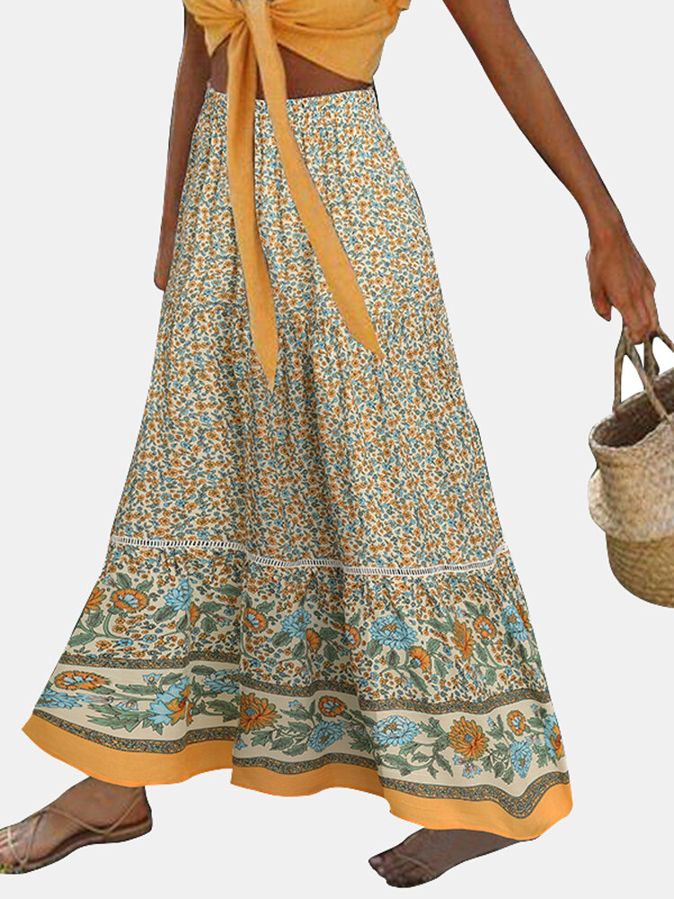 Bohemian Floral Printed Belt Elastic Waist Long Skirt