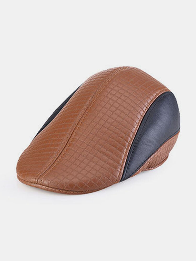 Men Faux Leather Keep Warm Outdoor Casual Patchwork Forward Hat Beret Hat