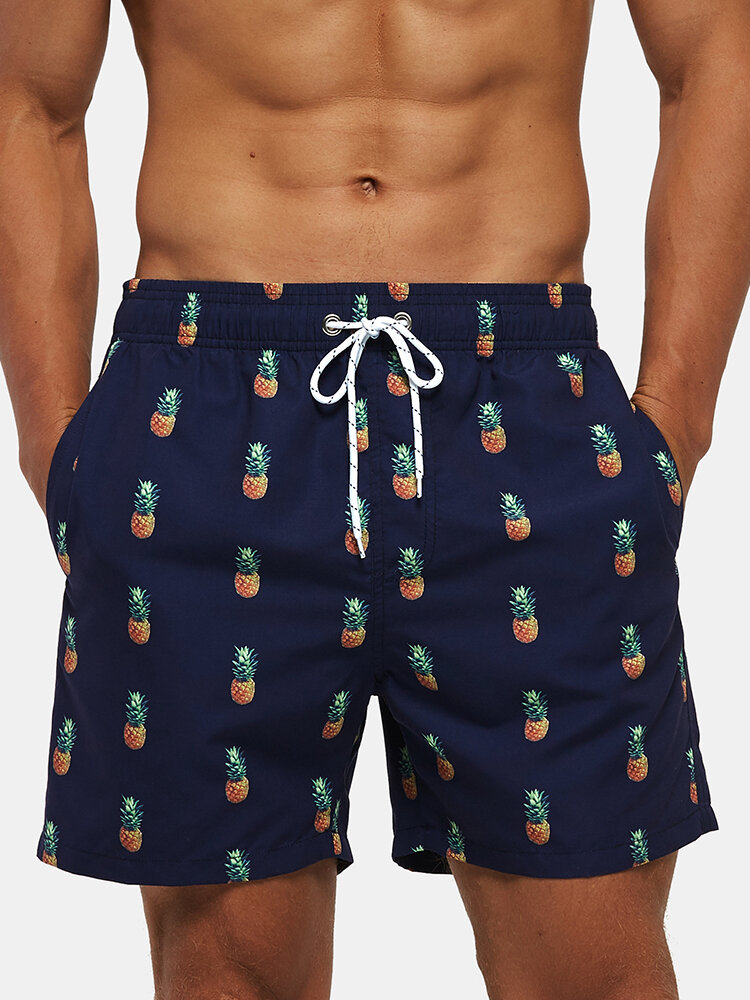 Pineapple Banana Cactus Printed Shorts Drawstirng Quick Drying Swim Trunks With Pockets