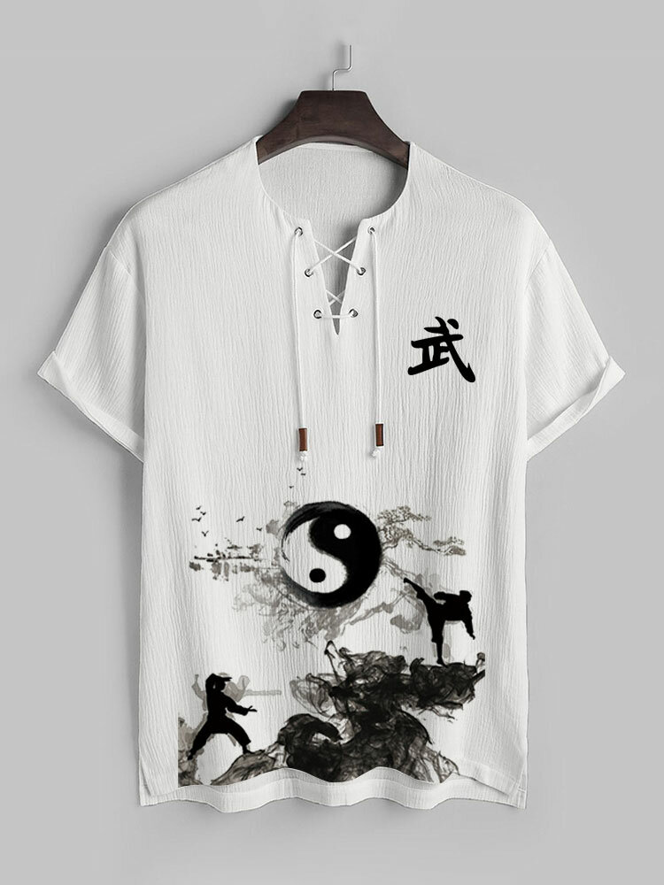 Mens Chinese Yin Yang Ink Print Lace Up Neck Texture T Shirts