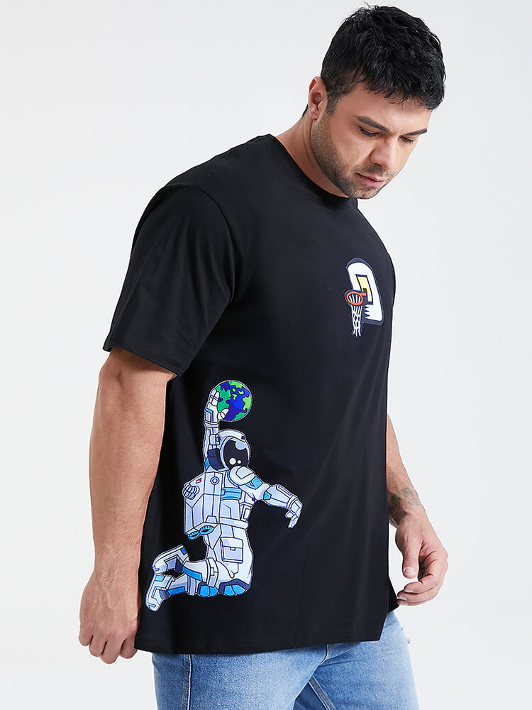 Plus Size Mens Astronaut Play Basketball Print Cotton Short Sleeve Fashion T-Shirts