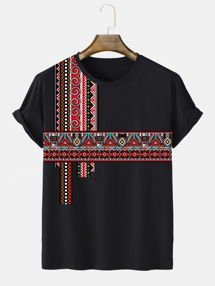 Herren-T-Shirts mit ethnischem geometrischem Druck, Patchwork, Rundhalsausschnitt, kurzärmelig, Winter