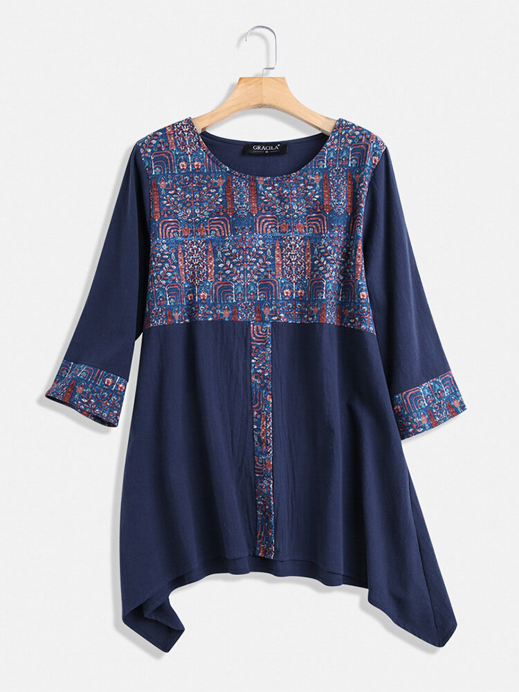 Ethnic Print Patchwork Long Sleeve Vintage Blouse For Women