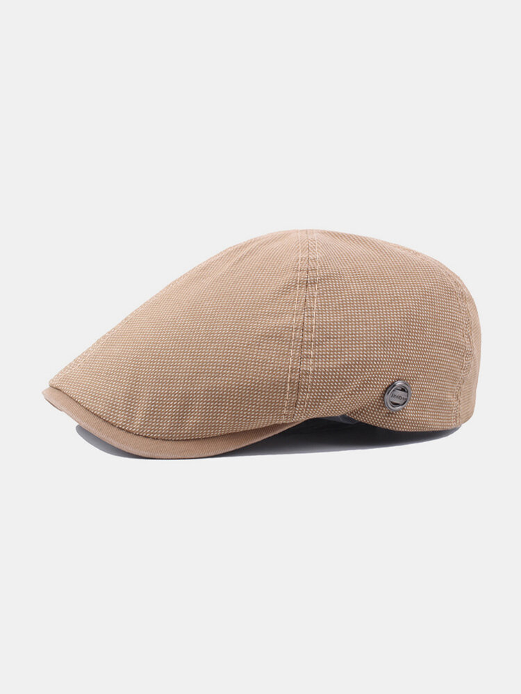 Men Cotton Metal Badge Decor Casual Adjustable Flat Hat Beret Hat Forward Hat