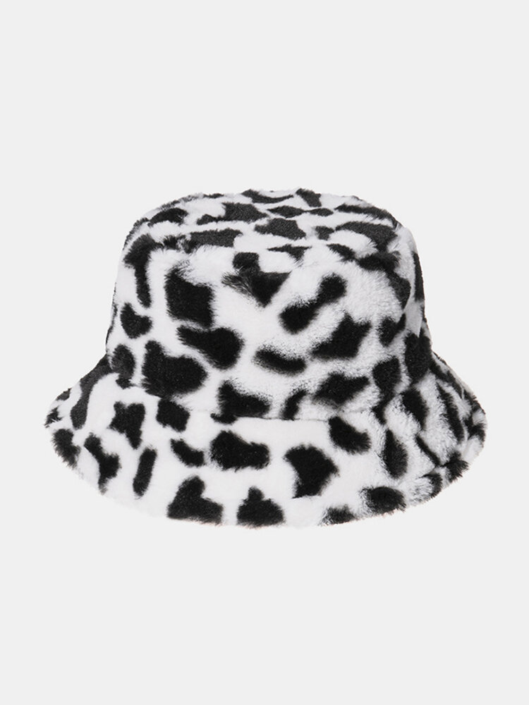 Women Rabbit Fur Warm Plush Cow Pattern Outdoor Casual All-match Bucket Hat