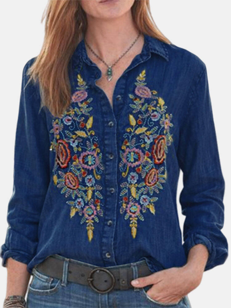 Floral Embroidery Long Sleeve Plus Size Denim Shirt