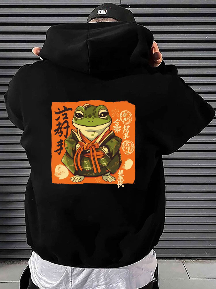 

Mens Japanese Frog Back Graphic Loose Long Sleeve Hoodies Winter, Black
