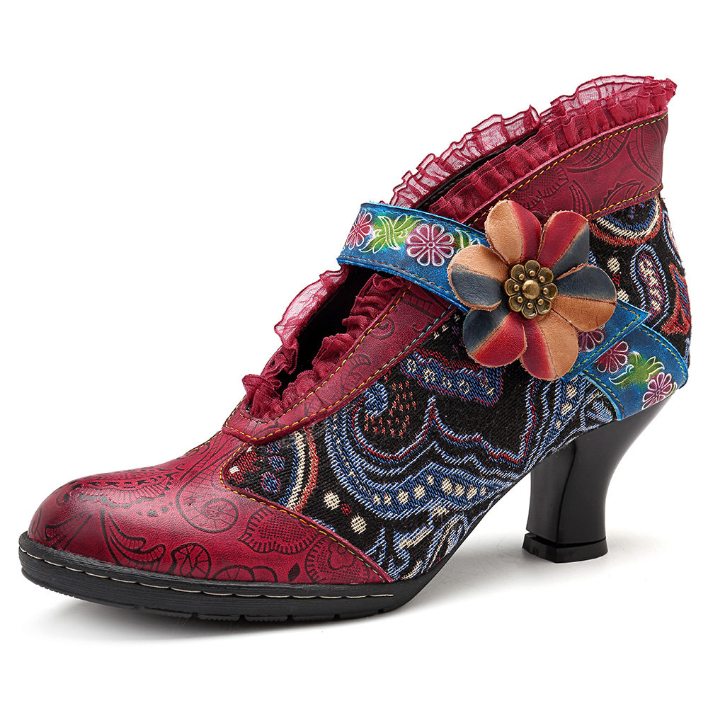 SOCOFY Floral Retro Heel Genuine Leather Splicing Hook Loop Ankle Comfortable Boots