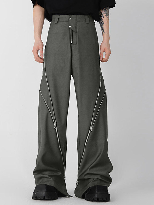 

Mens Solid Zip Design Snap Button Waist Pants, Black;gray