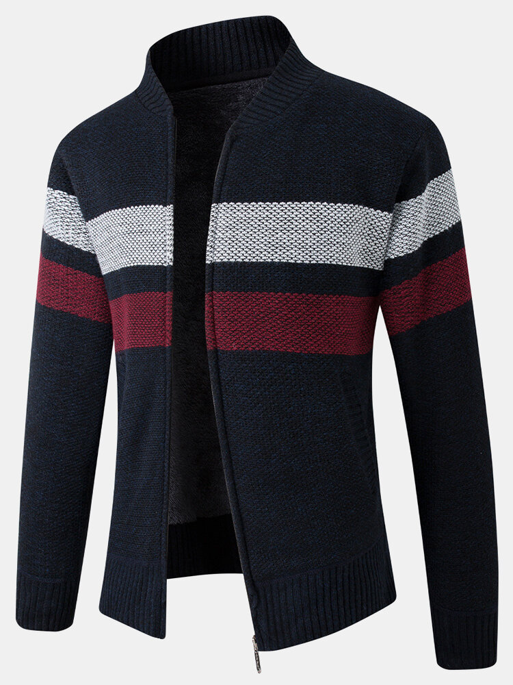 

Mens Patchwork Zip Front Rib-Knit Plush Lined Cotton Cardigans With Pocket, Red;navy;blue;gray;dark gray