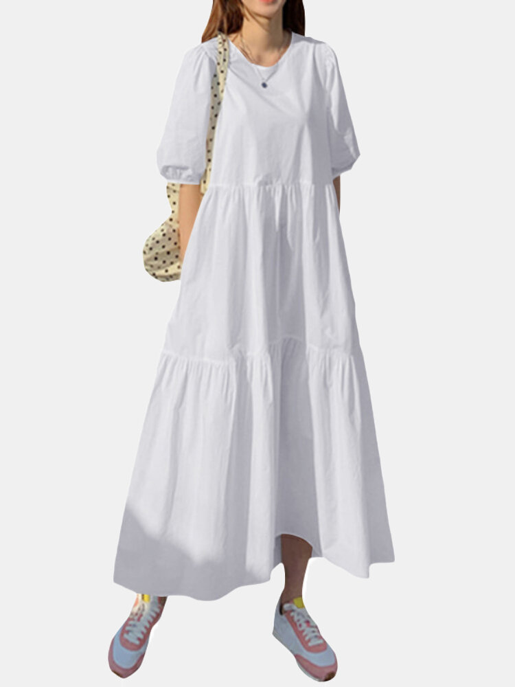 Einfarbige Taschen Halbe Ärmel Rüschen Lässiger Baumwoll-Maxi Kleid