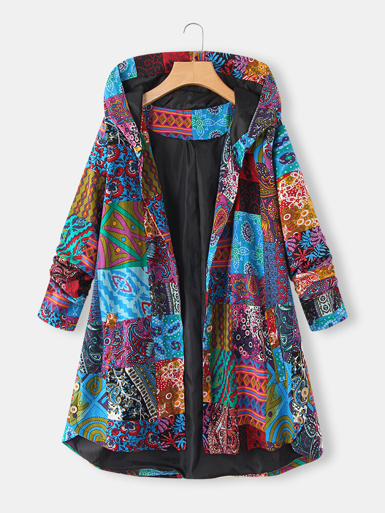 Ethnic Print High Low Hem Plus Size Hooded Jackets with Pockets