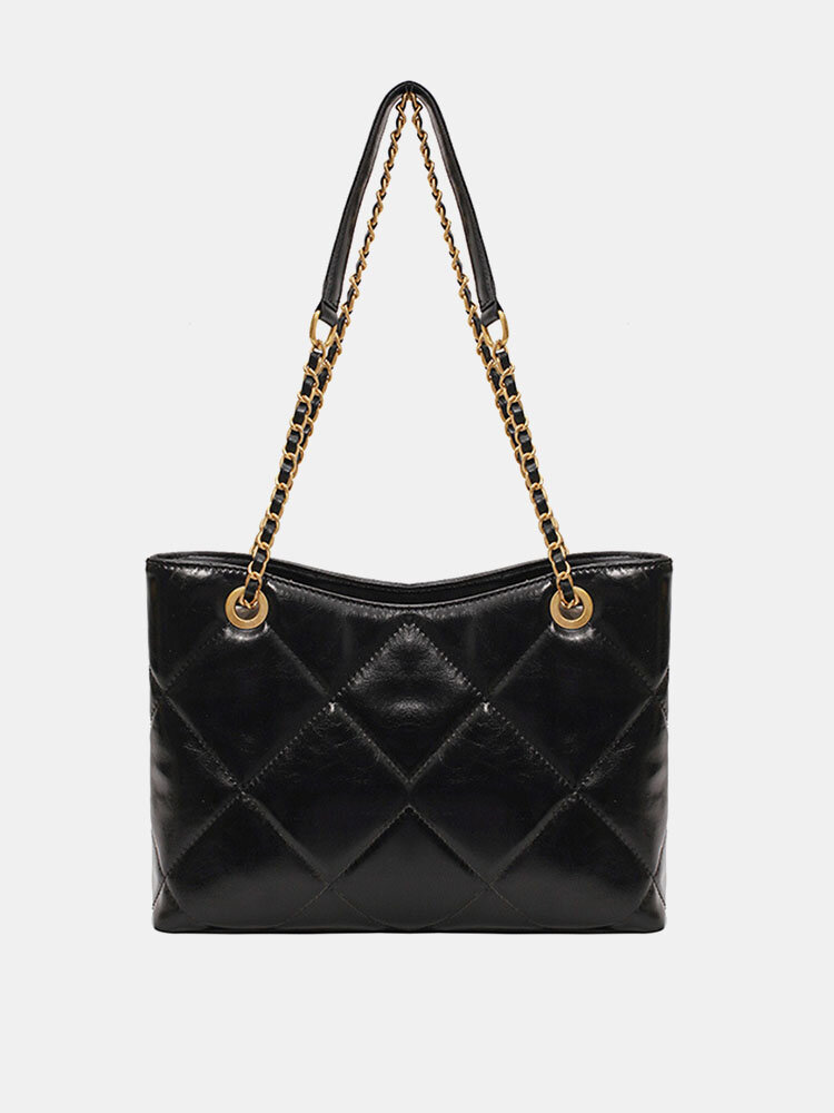 Women Faux Leather Ins Argyle Chain Large Capacity Multifunction Handbag Tote