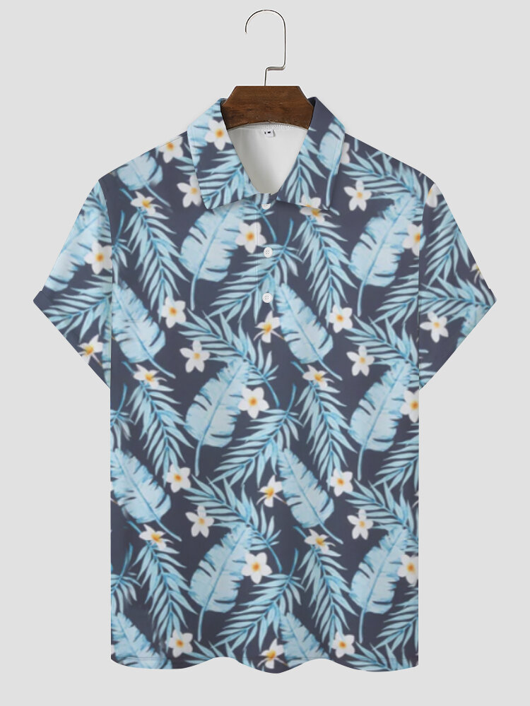 

Men Tropical Leaf Print Hyperelastic Holiday Leisure Front Buttons Polos Shirts, Blue