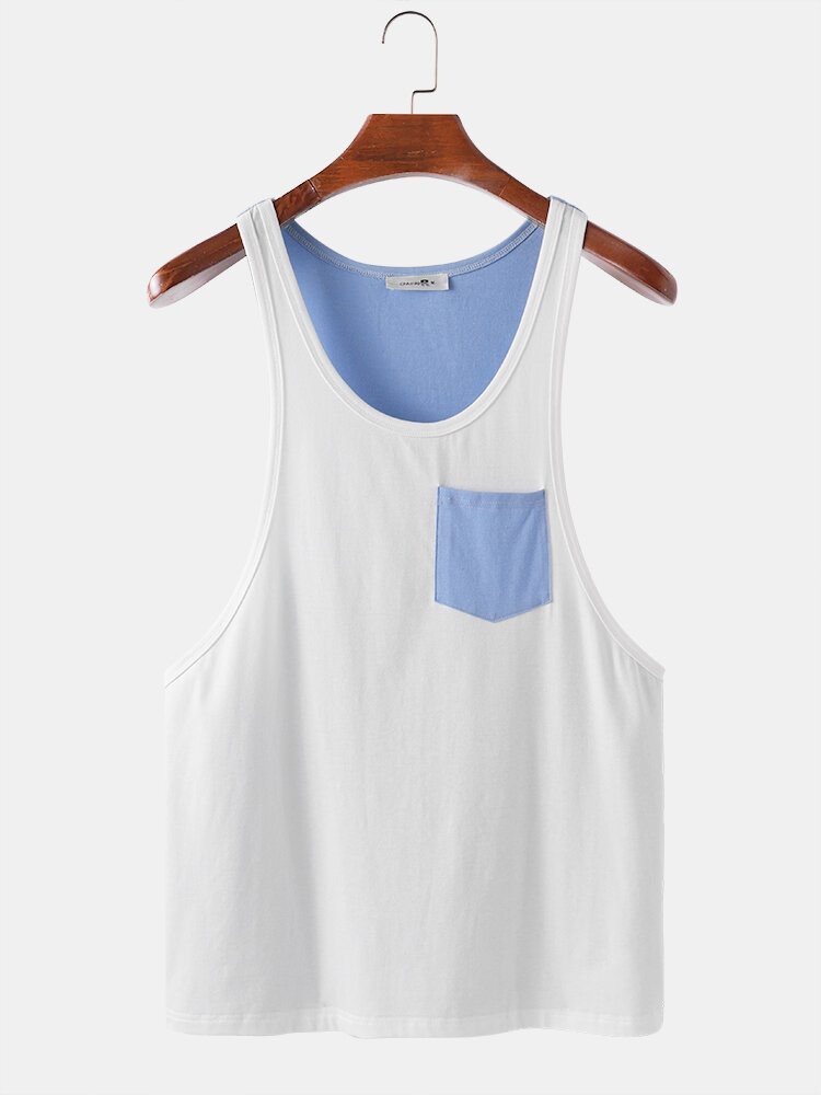 Men Sleevless Colorblock Deisgn Tanks Top with Chest Pockets