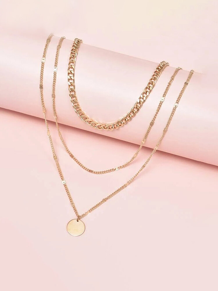 

1 Pcs Casual Alloy Round Circle Pattern Pendant Multilayered Pendant Sweater Clavicle Necklace, Gold