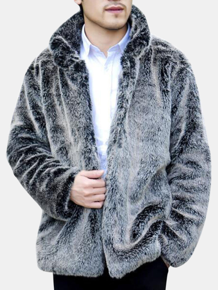  Men's Faux Fox Fur Overcoat Fur Stand Collar Thickening Warm Jacket