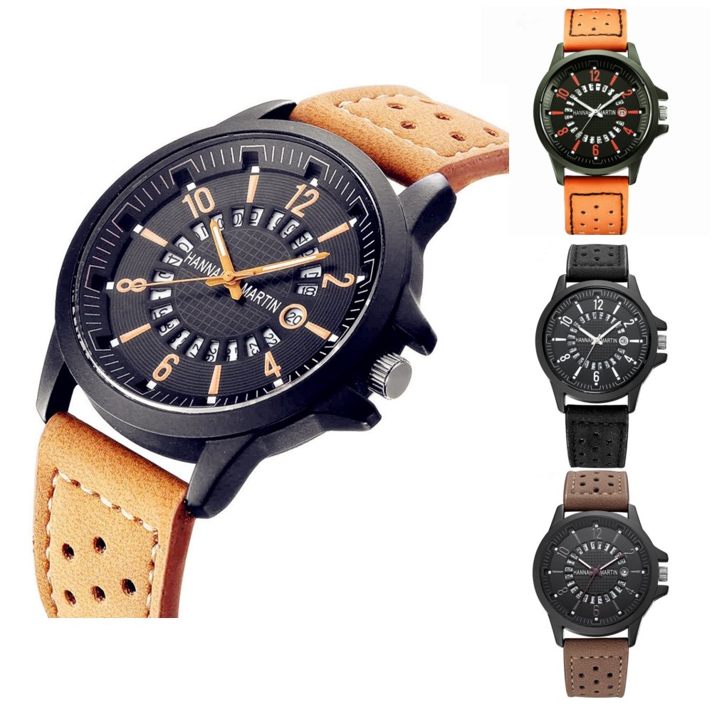 

Men's Classic Leather Watch Calendar Date Big Number Quartz Wristwatch Sports Watch Gift for Him, Coffee;khaki;orange;black