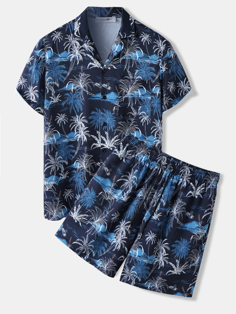 

Mens Allover Coconut Tree Print Revere Collar Vacation Two Pieces Outfits, Dark blue