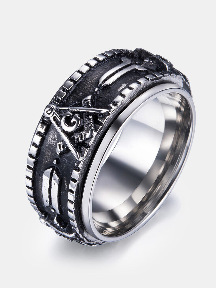 Vintage Finger Rings Masonic Pattern Stainless Steel Rotatable Rings Ethnic Jewerly for Men