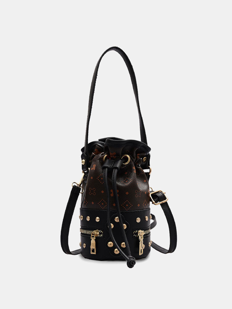 

Women PU Leather Punk String Hippie Bag Rivet Crossbody Bag Phone Bag Bucket Bag, Khaki;black;beige