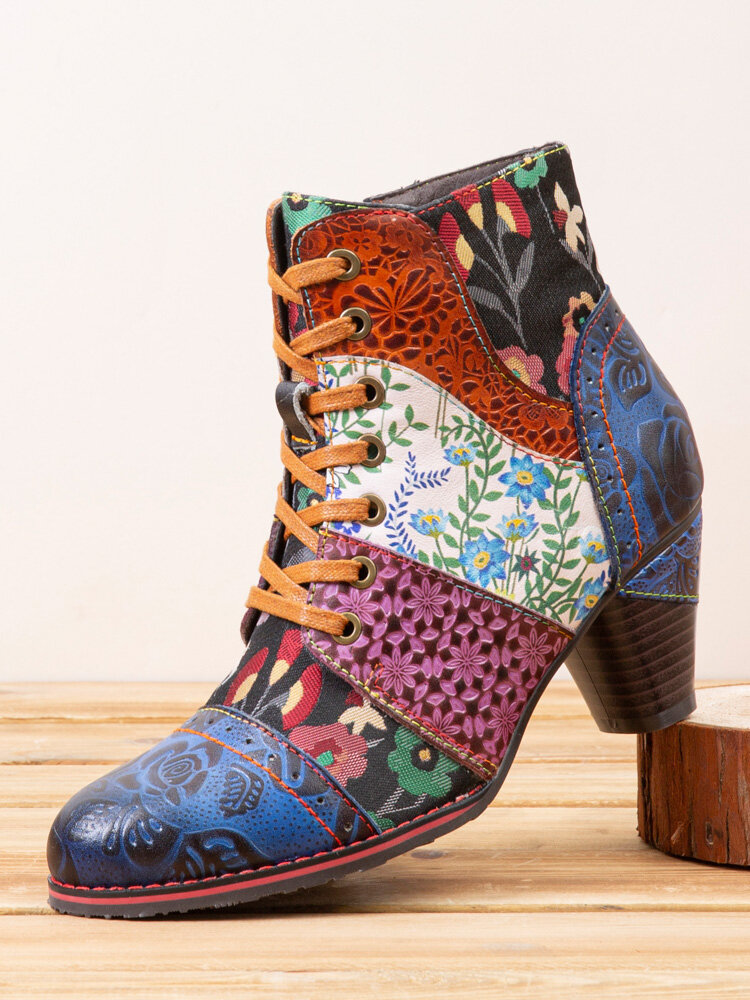 Socofy Retro Floral Embossed Leather Patchwork Lace-up Design Side Zipper Comfy Low Heel Short Ankle Boots