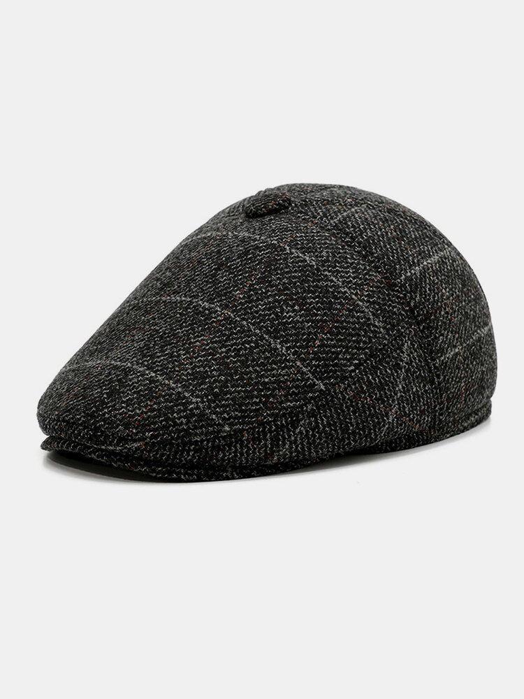 

Men Woolen Ear Protection Keep Warm Lattice Pattern Casual Forward Hat Beret Hat Flat Cap