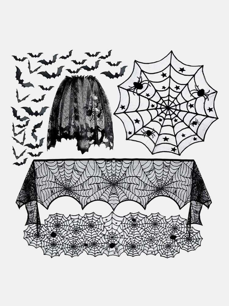 

1 PC Halloween Family Dining Table Lace Mesh Cloth Spider Web Skeleton Skull Tablecloth Fireplace Festival Party Decorat