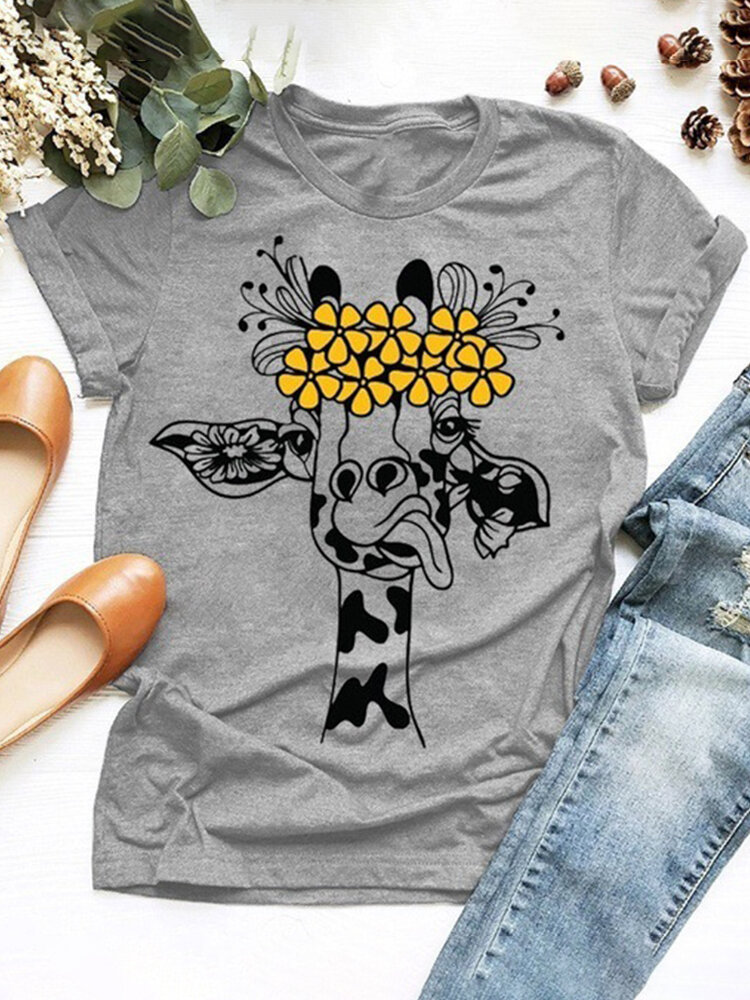 

Cartoon Giraffe Printed Short Sleeve O-enck T-shirt For Women, Grey;yellow