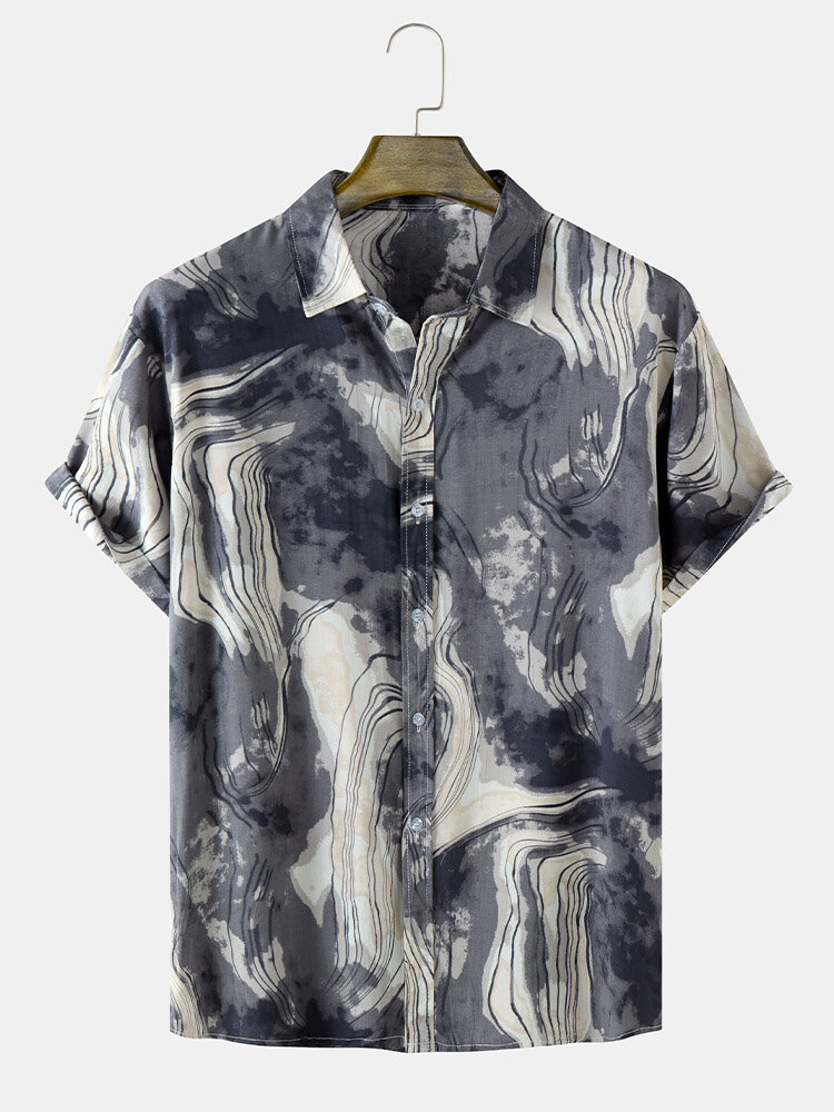 Mens Marble Tie Dye Print Button Up Short Sleeve Shirts