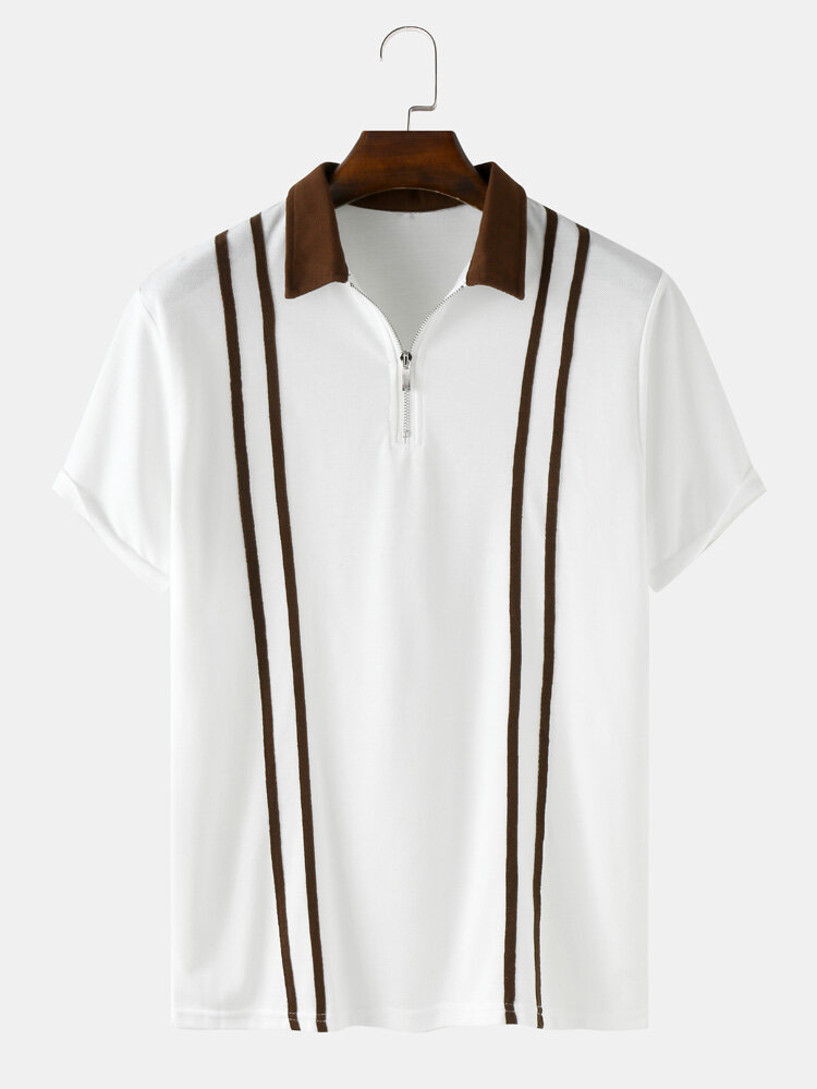 Mens Solid Color Weaving Webbing Short Sleeve Casual Golf Shirt