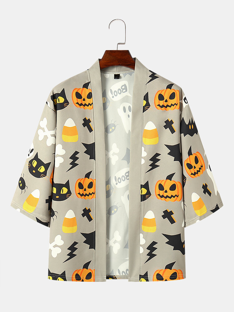 Mens Funny Pumpkin Cat Print Halloween 3/4 Sleeve Kimono