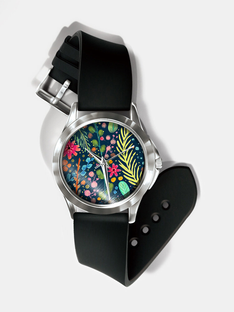 

Casual Watercolor Women Wrist Watch PVC Band Leaf Bird Fruit Pattern Men Quartz Watch