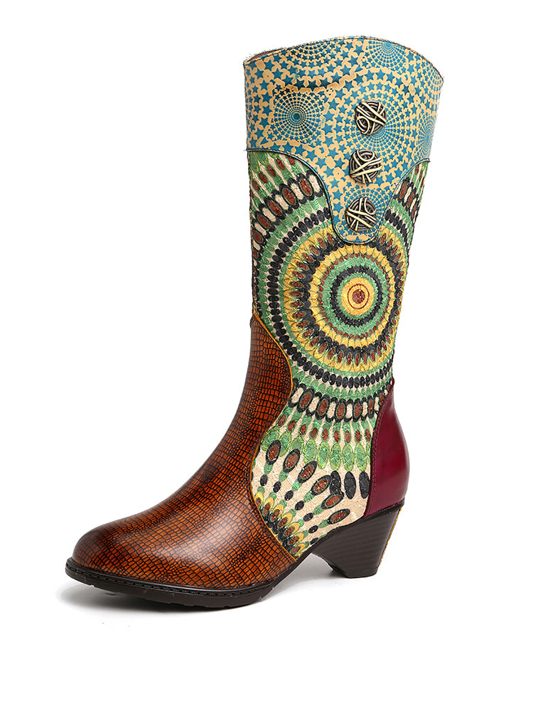 SOCOFY Womens Folkways Pattern Button Zipper High Heel Winter Mid Calf Boots