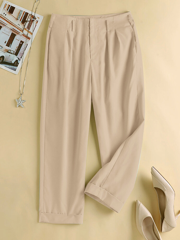 Cropped feminino casual cor sólida Calças com bolso