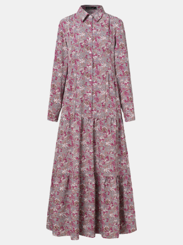 Floral Print Lapel Long Sleeve Plus Size Pleated Dress for Women