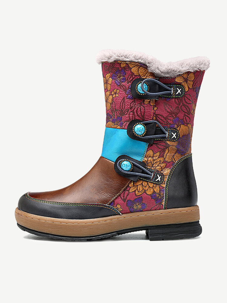 SOCOFY Mongolia Style Plush Genuine Leather Zipper Warm Comfortable Flat Boots