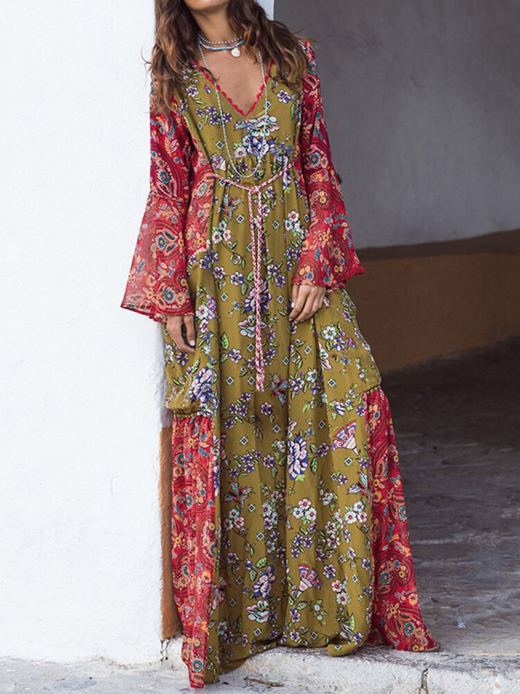 Bohemian Floral Print V-neck Belted Plus Size Maxi Dress