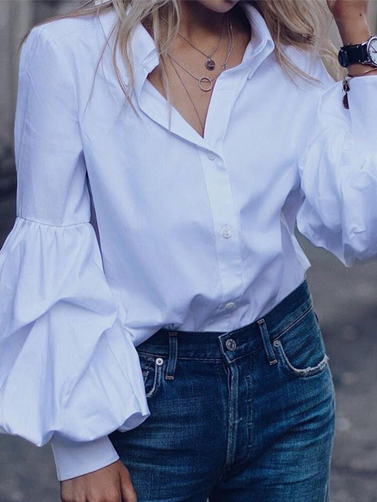 Solid Color Turn Down Collar Button Down Bishop Blouse